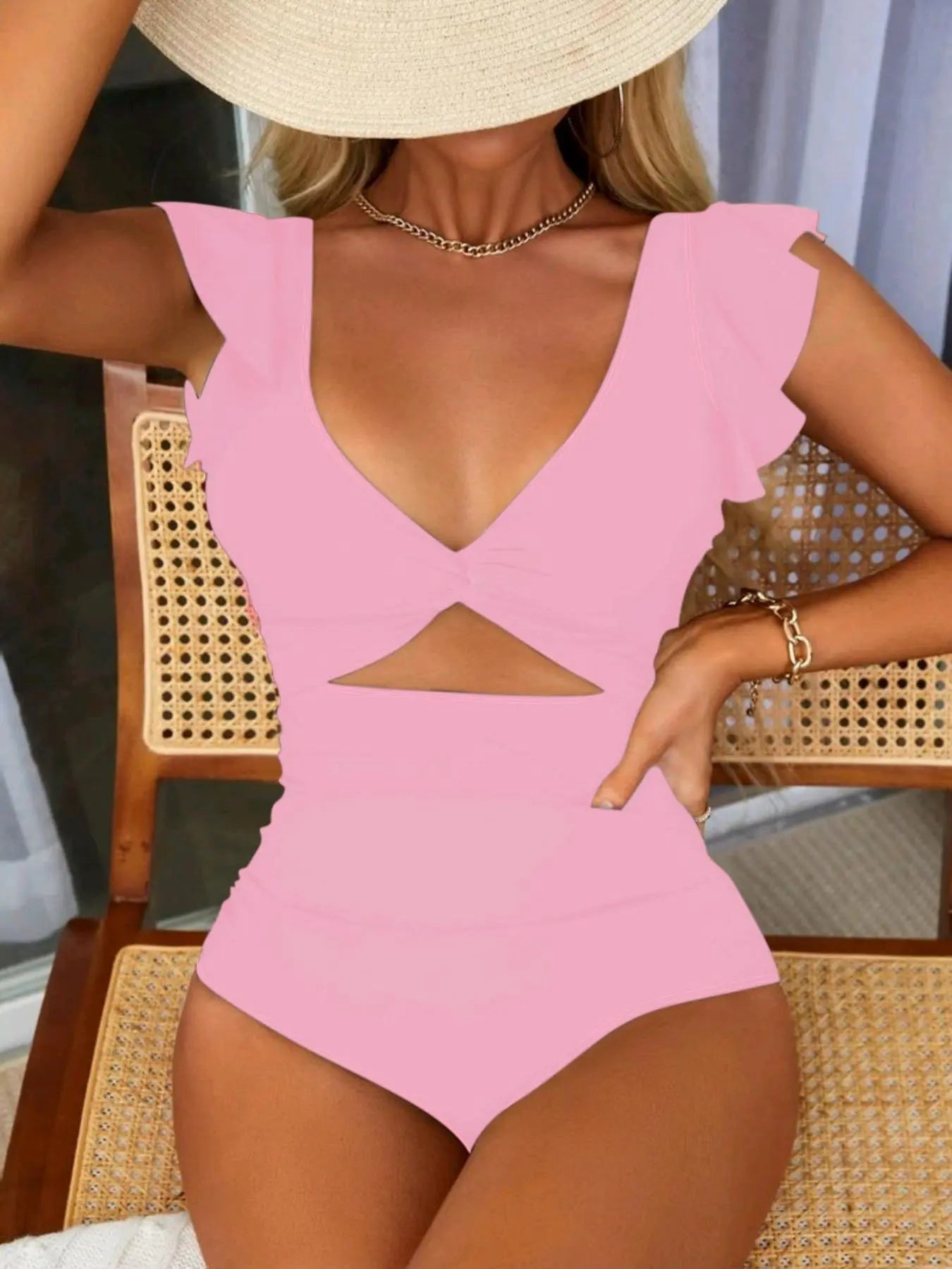 Women'S Plain Cut Out Twist Backless One-Piece Swimsuit, Casual Ruffle Cap Sleeve Deep V Neck Swimwear for Summer, Fashion Women'S Swimsuit for Beach Holiday Vacation, Cutout Swim Suit